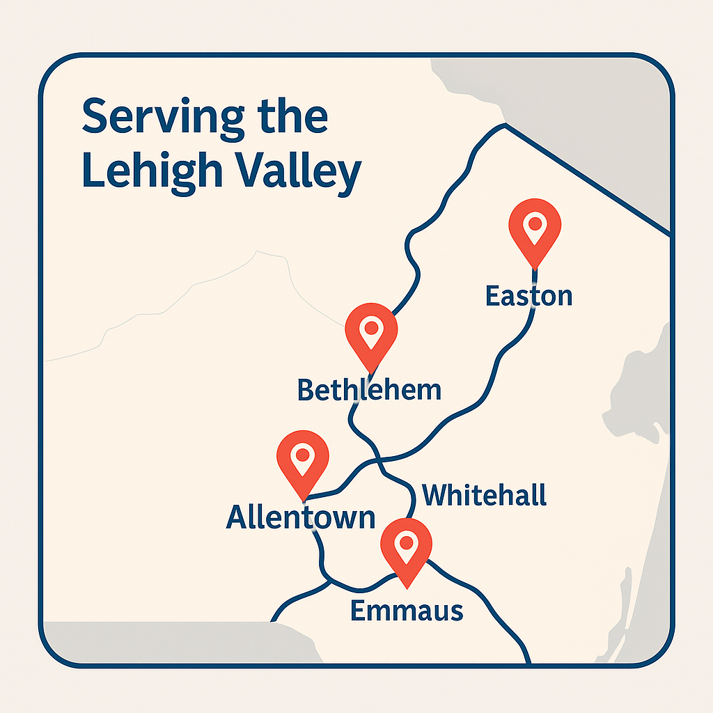 Allentown service area map with route and pins for Bethlehem, Emmaus, Whitehall, and Easton in the Lehigh Valley.
