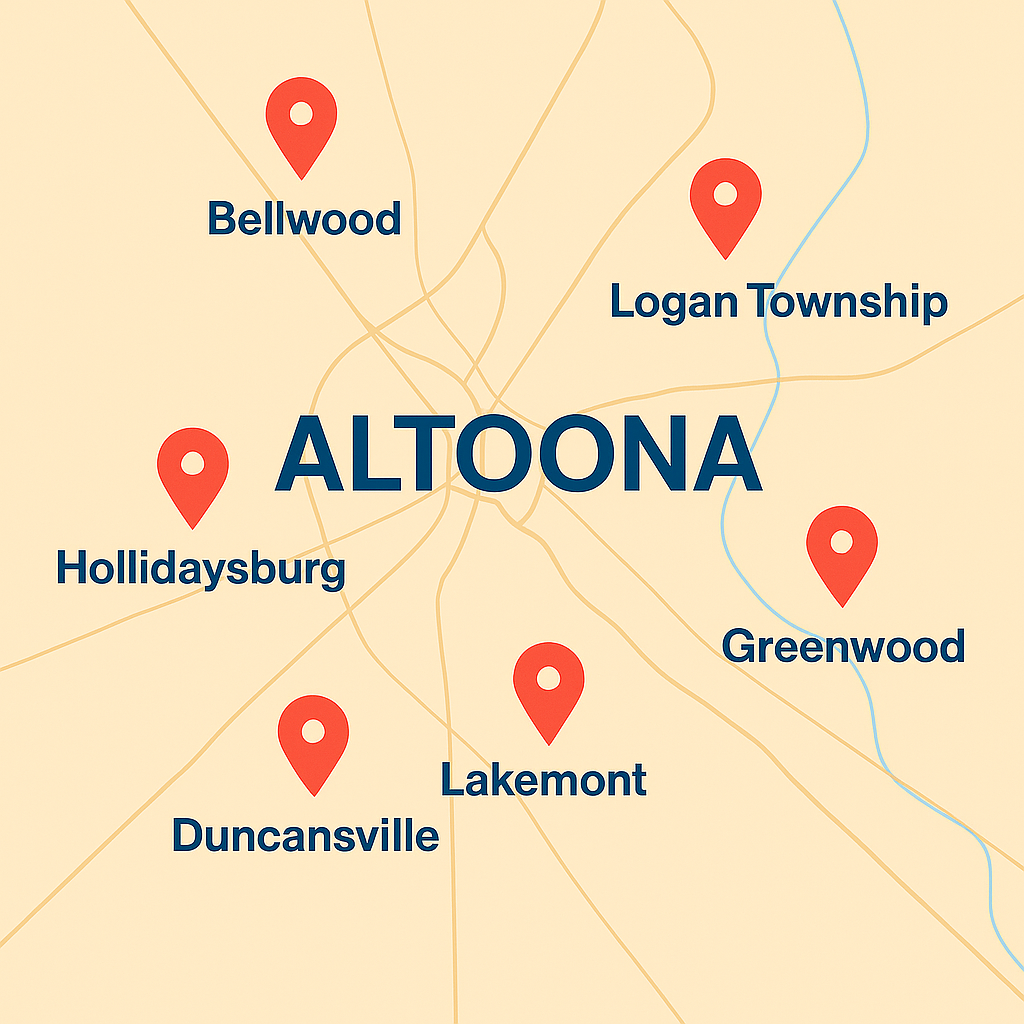 Altoona service map highlighting Hollidaysburg, Logan Township, Duncansville, Lakemont, Greenwood, Bellwood, and Tyrone.