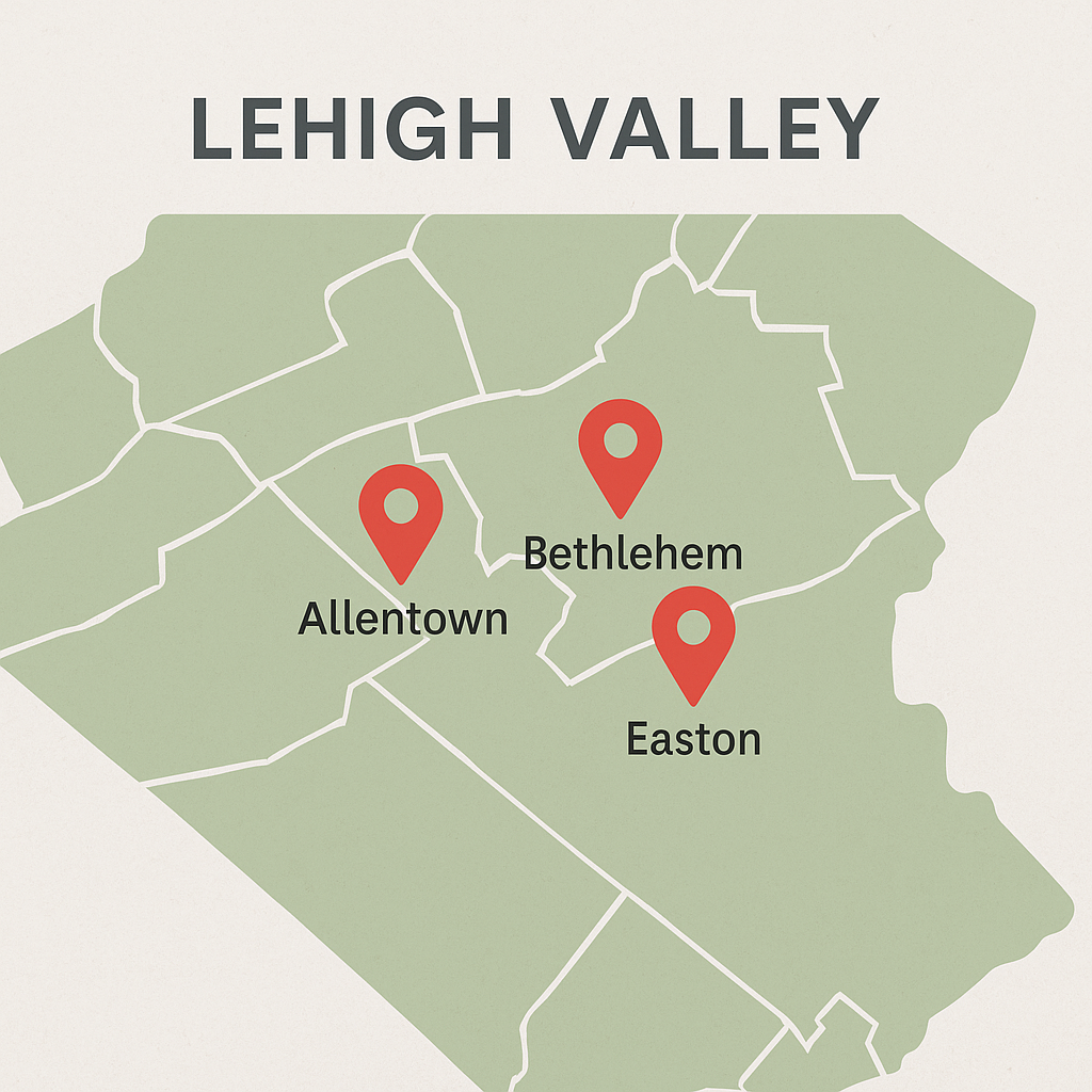 Bethlehem, Pennsylvania service map with pins for Northside, SouthSide, and Bethlehem Township.