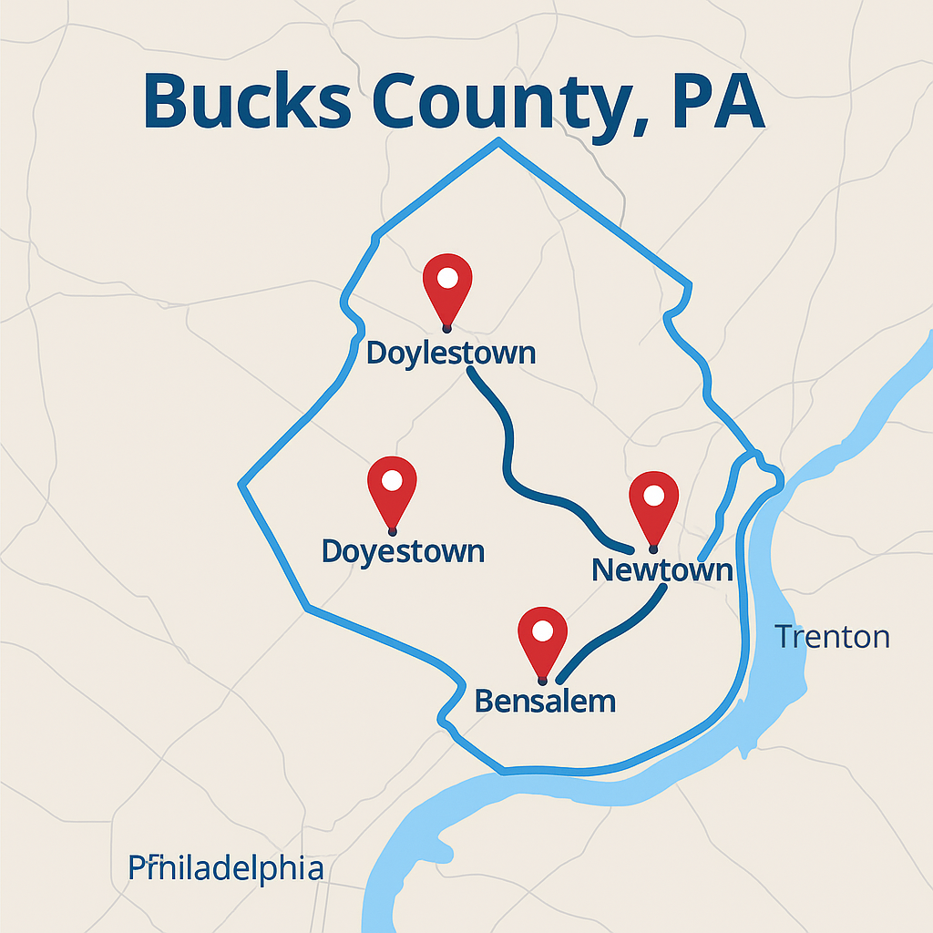 Bucks County service area map with route and pins for Doylestown, Bensalem, Levittown, Yardley, and Newtown.