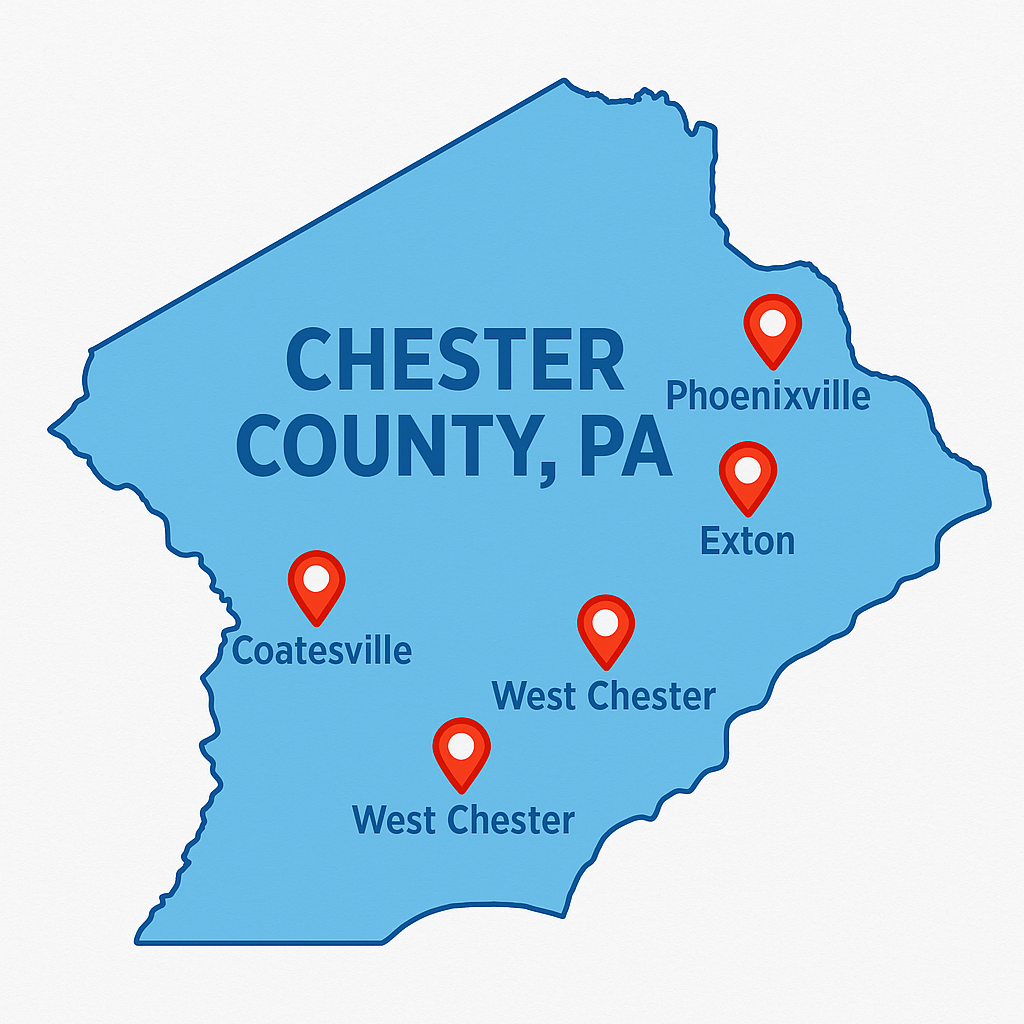 Chester County service area map with pins for West Chester, Downingtown, Exton, Phoenixville, and Coatesville.