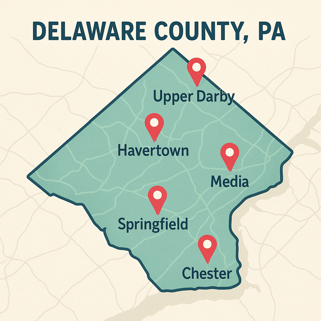 Delaware County service area map with pins for Upper Darby, Havertown, Media, Chester, and Springfield.