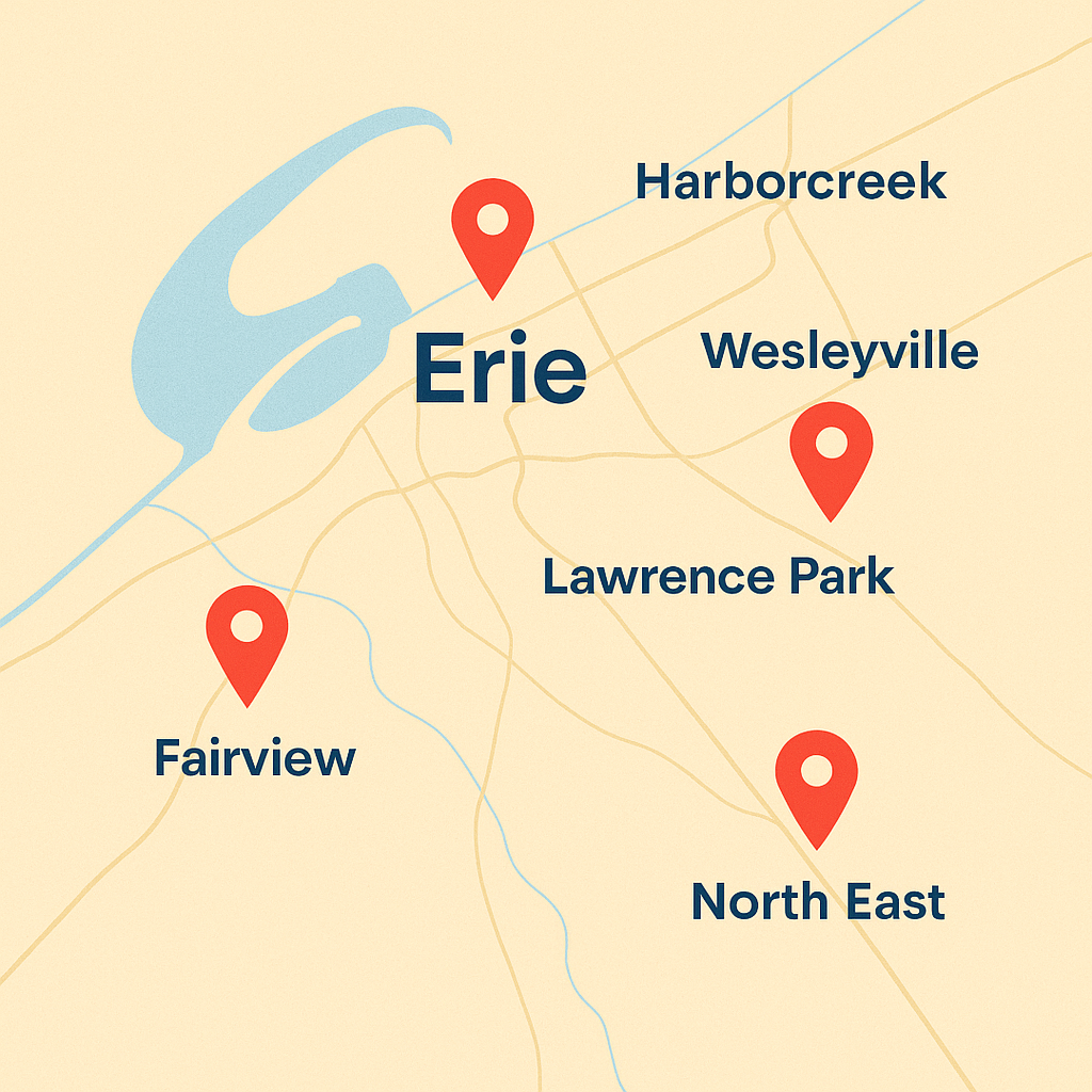 Erie, Pennsylvania service map with markers for Millcreek Township, Harborcreek, Fairview, and North East.