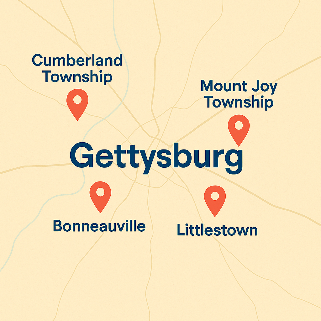 Gettysburg, Pennsylvania service map with markers for Cumberland Township, Straban Township, Mount Joy Township, and Bonneauville.
