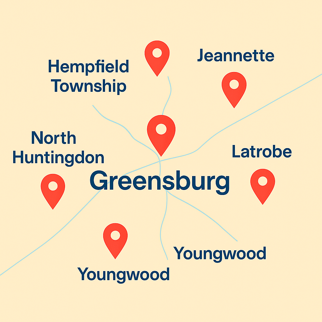 Greensburg service map highlighting Hempfield Township, Jeannette, Youngwood, Delmont, Latrobe, and North Huntingdon.