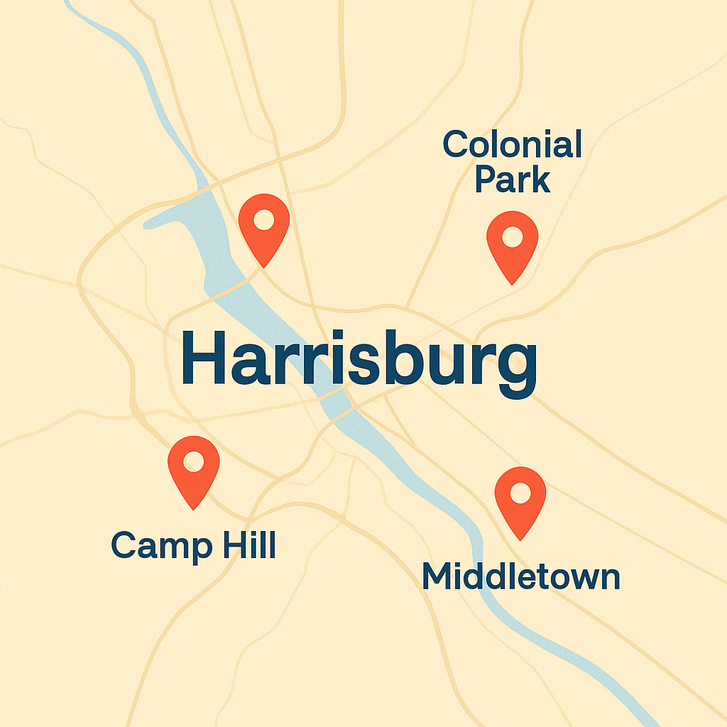 Harrisburg, Pennsylvania service map with pins for Midtown, Uptown, Allison Hill, Steelton, and Lower Paxton Township.