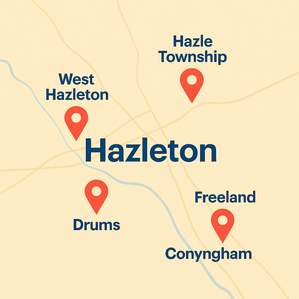 Hazleton, Pennsylvania service map with markers for West Hazleton, Hazle Township, Freeland, Drums, and Conyngham.