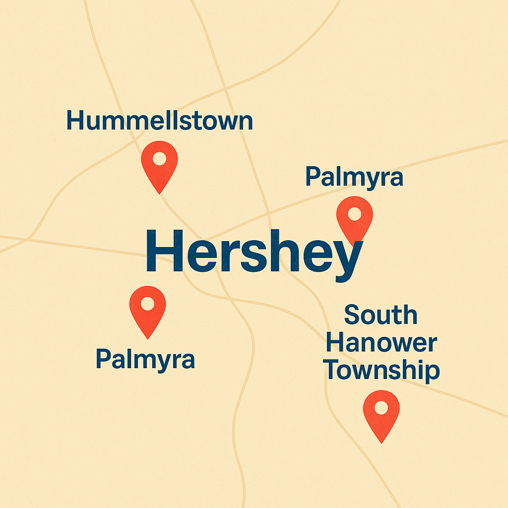 Hershey, Pennsylvania service map with markers for Hummelstown, Palmyra, South Hanover Township, and Derry Township.