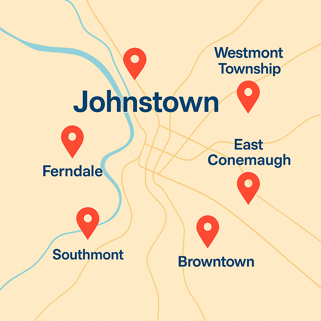 Johnstown service map highlighting Westmont, Richland Township, Ferndale, Dale, Southmont, East Conemaugh, and Brownstown.