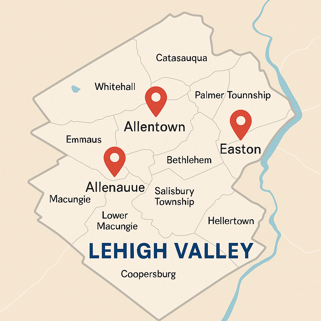 Lehigh Valley service area map highlighting Allentown, Bethlehem, and Easton.