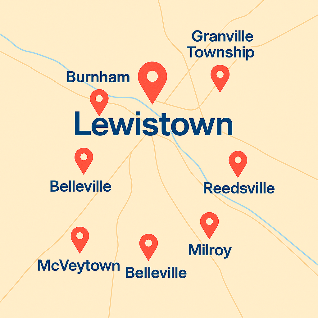 Lewistown service map highlighting Burnham, Yeagertown, Granville Township, Derry Township, Reedsville, Milroy, Belleville, and McVeytown.