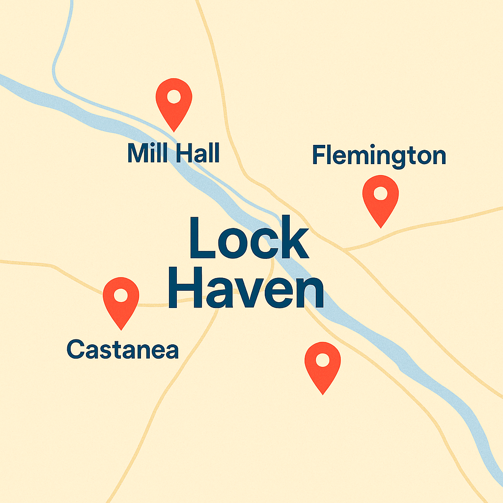 Lock Haven, Pennsylvania service area map with pins for Mill Hall, Flemington, Castanea, Avis, and nearby towns.