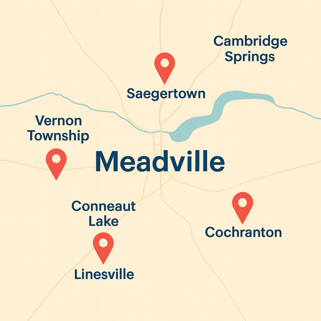Meadville, Pennsylvania service map with markers for Vernon Township, Saegertown, Conneaut Lake, and Cochranton.