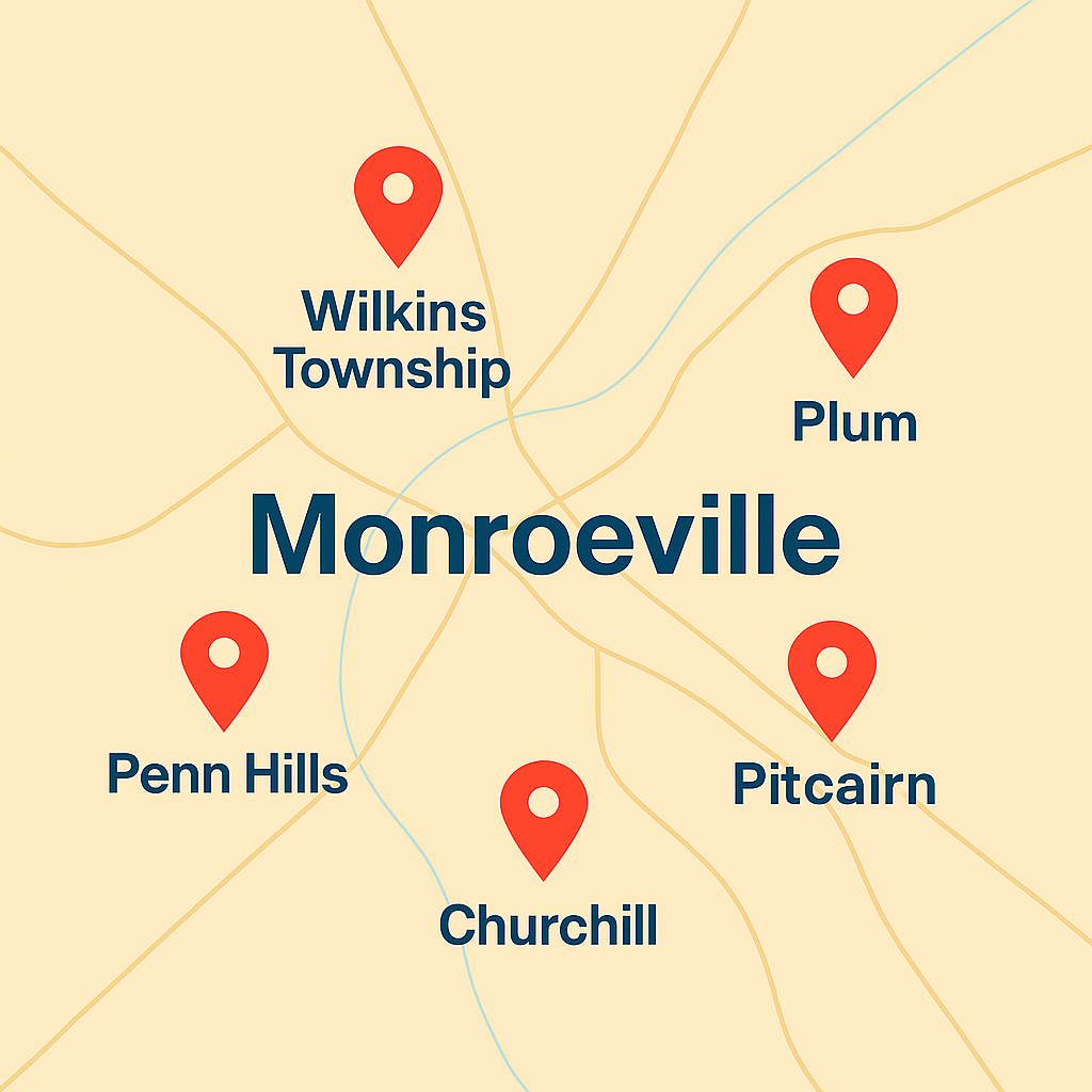 Monroeville service map highlighting Wilkins Township, Pitcairn, Plum, Penn Hills, and Churchill.