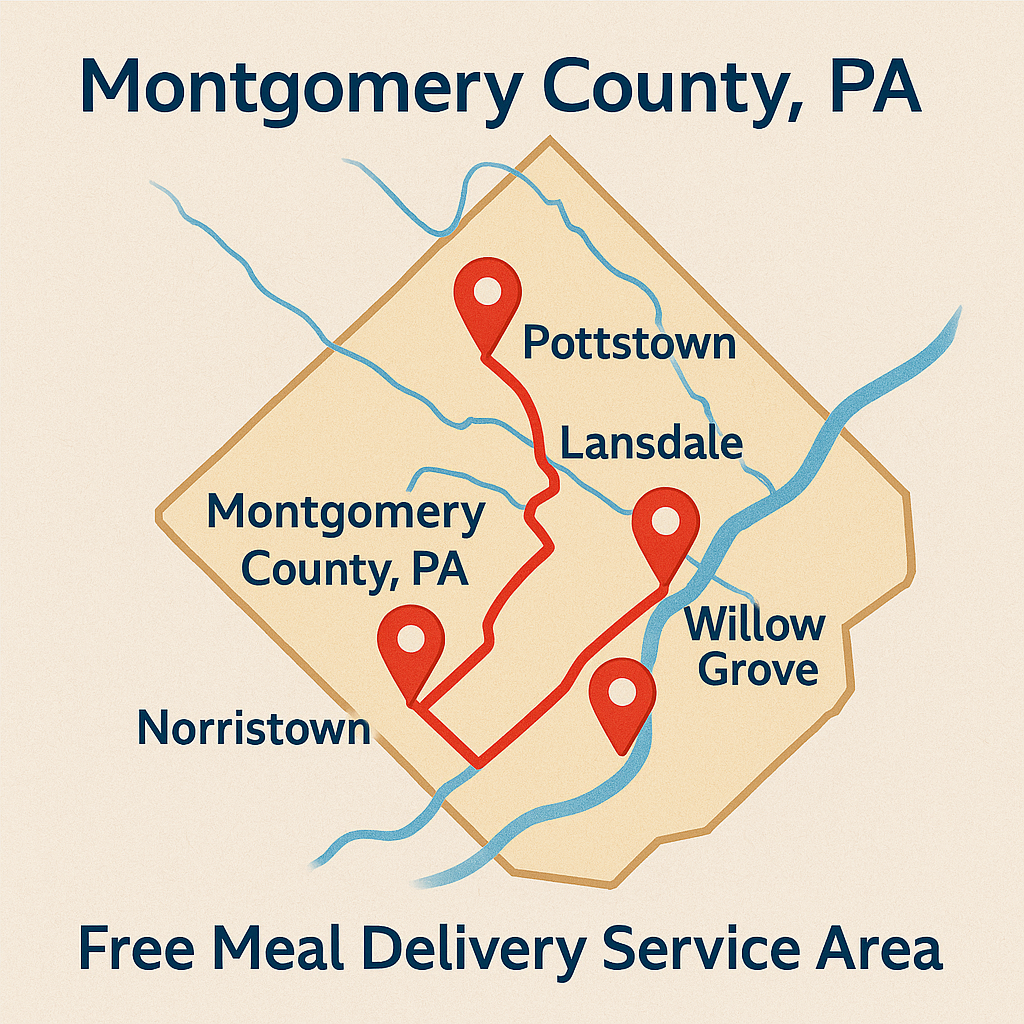 Montgomery County service area map with pins for Norristown, Lansdale, King of Prussia, Pottstown, and Willow Grove.