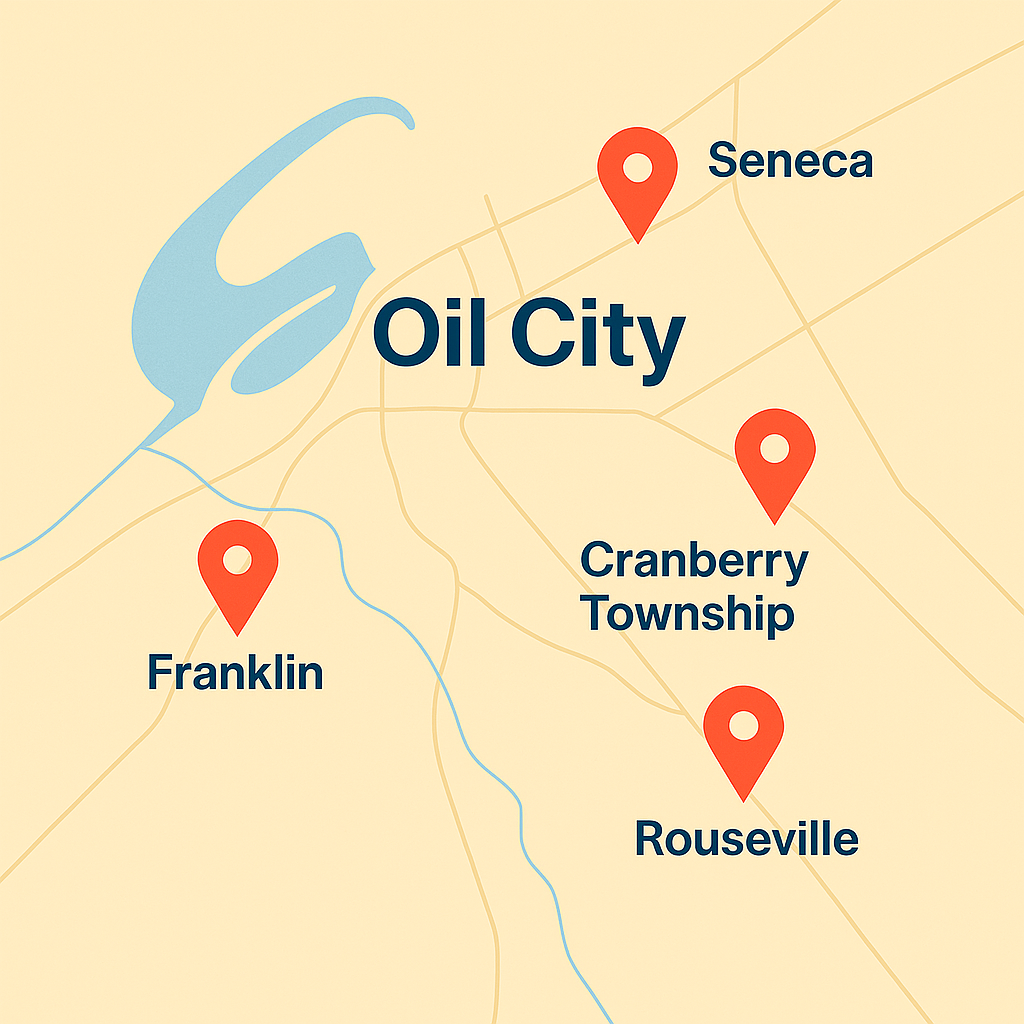 Oil City, Pennsylvania service map with markers for Franklin, Seneca, Cranberry Township, and Rouseville.