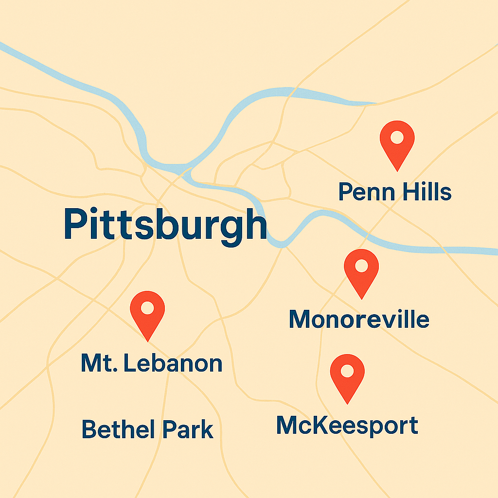 Pittsburgh service map highlighting Mt. Lebanon, Bethel Park, Monroeville, Penn Hills, and McKeesport.