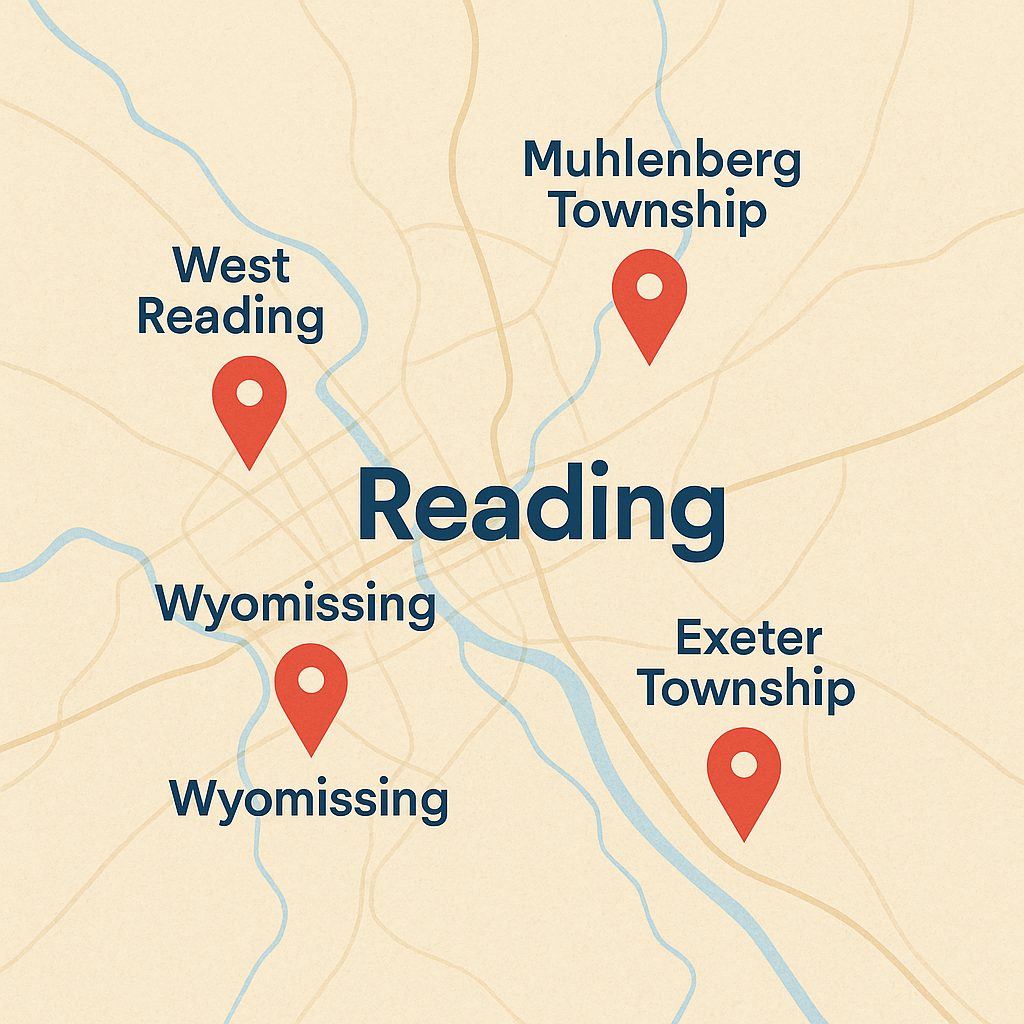 Reading, Pennsylvania service map with markers for West Reading, Wyomissing, Muhlenberg, and Exeter Township.