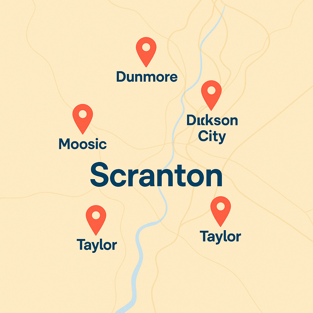 Scranton, Pennsylvania service map with markers for Dunmore, Moosic, Taylor, Dickson City, and Clarks Summit.