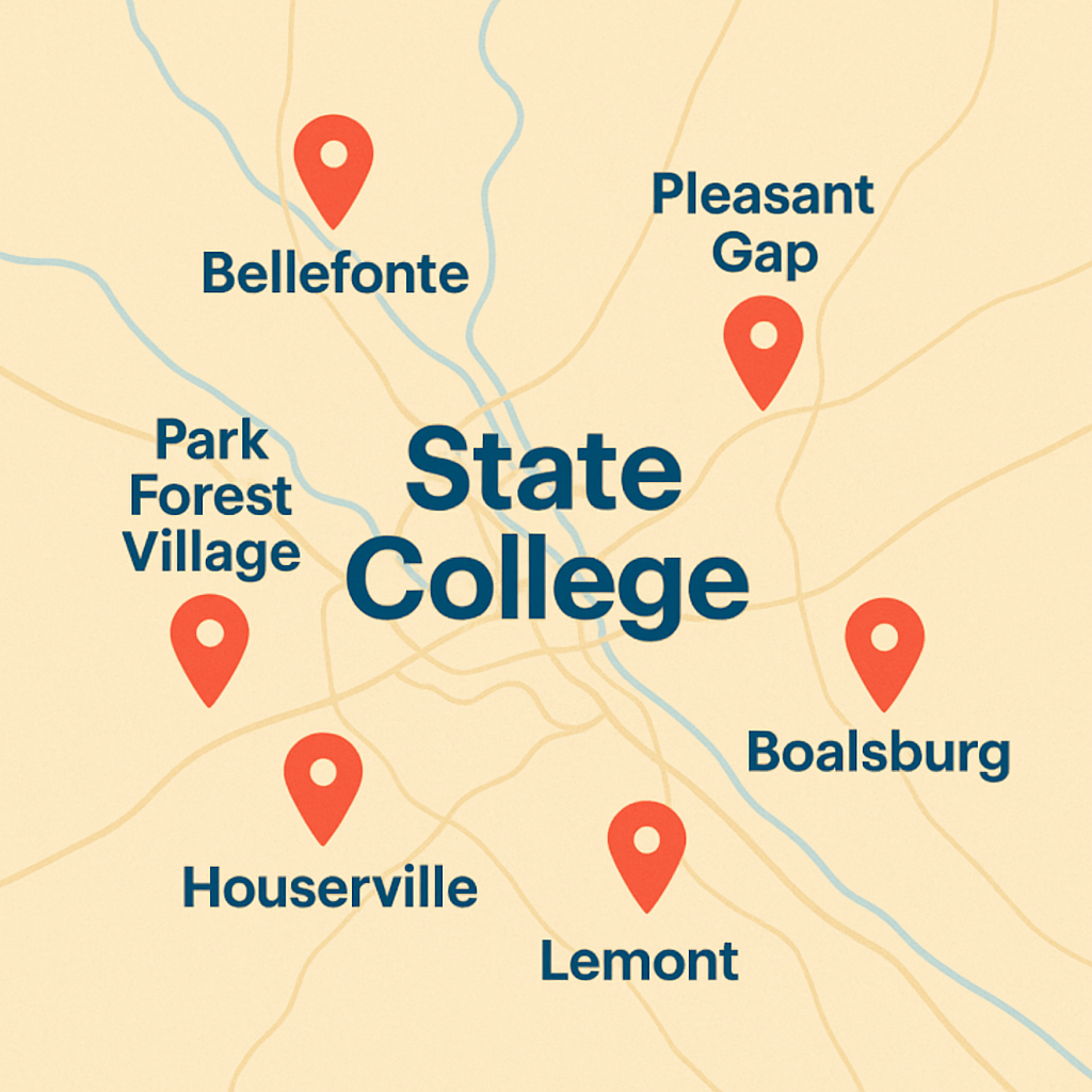 State College service map with markers for Bellefonte, Boalsburg, Park Forest Village, Pleasant Gap, Houserville, Lemont, Milesburg, and Port Matilda.