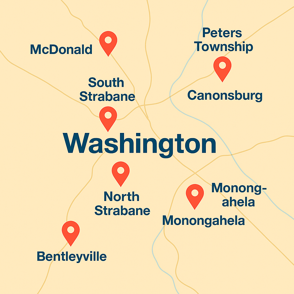 Washington, Pennsylvania service map with markers for South/North Strabane, Chartiers Township, Peters Township, Canonsburg, and McMurray.