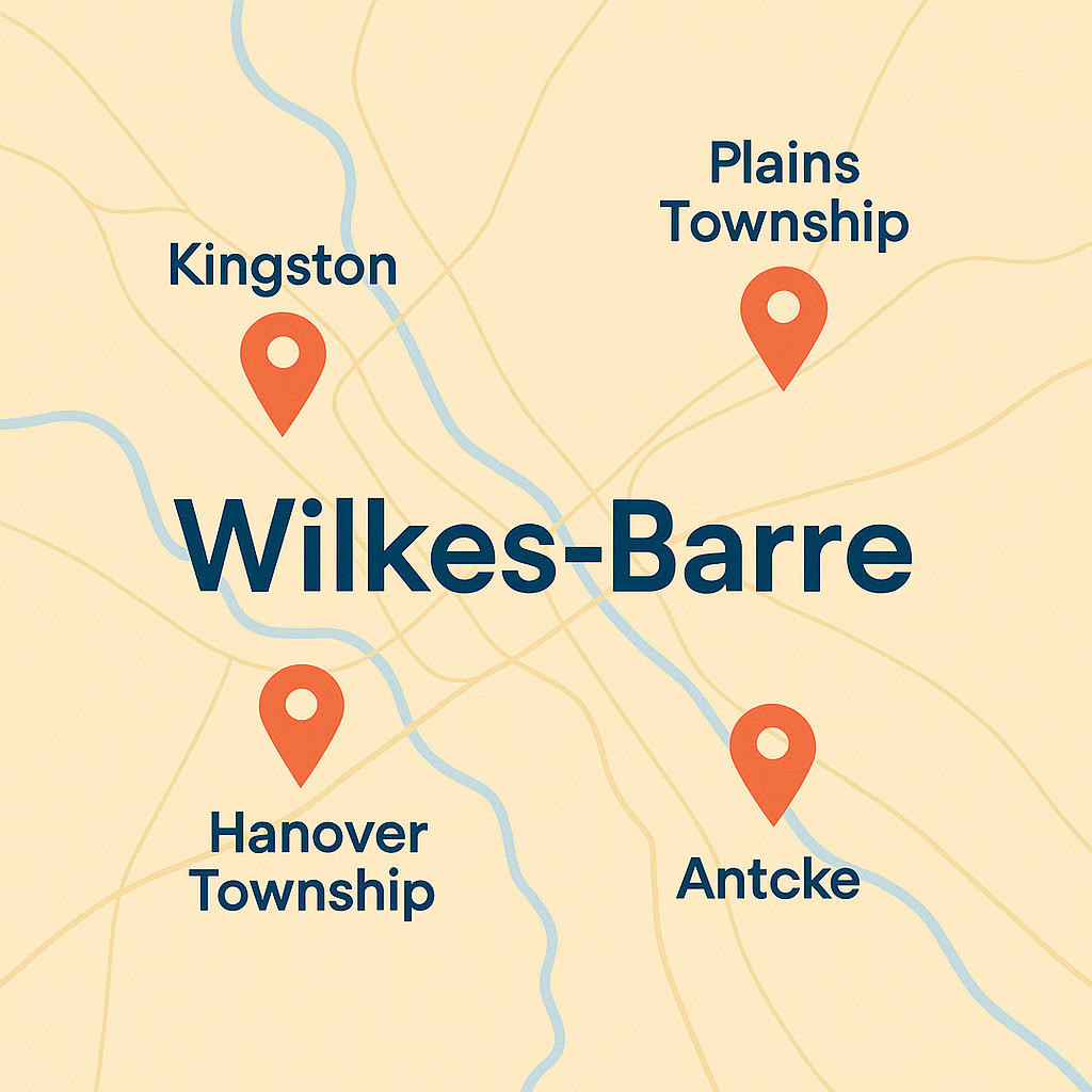 Wilkes-Barre service map with markers for Kingston, Forty Fort, Plains Township, and Hanover Township.
