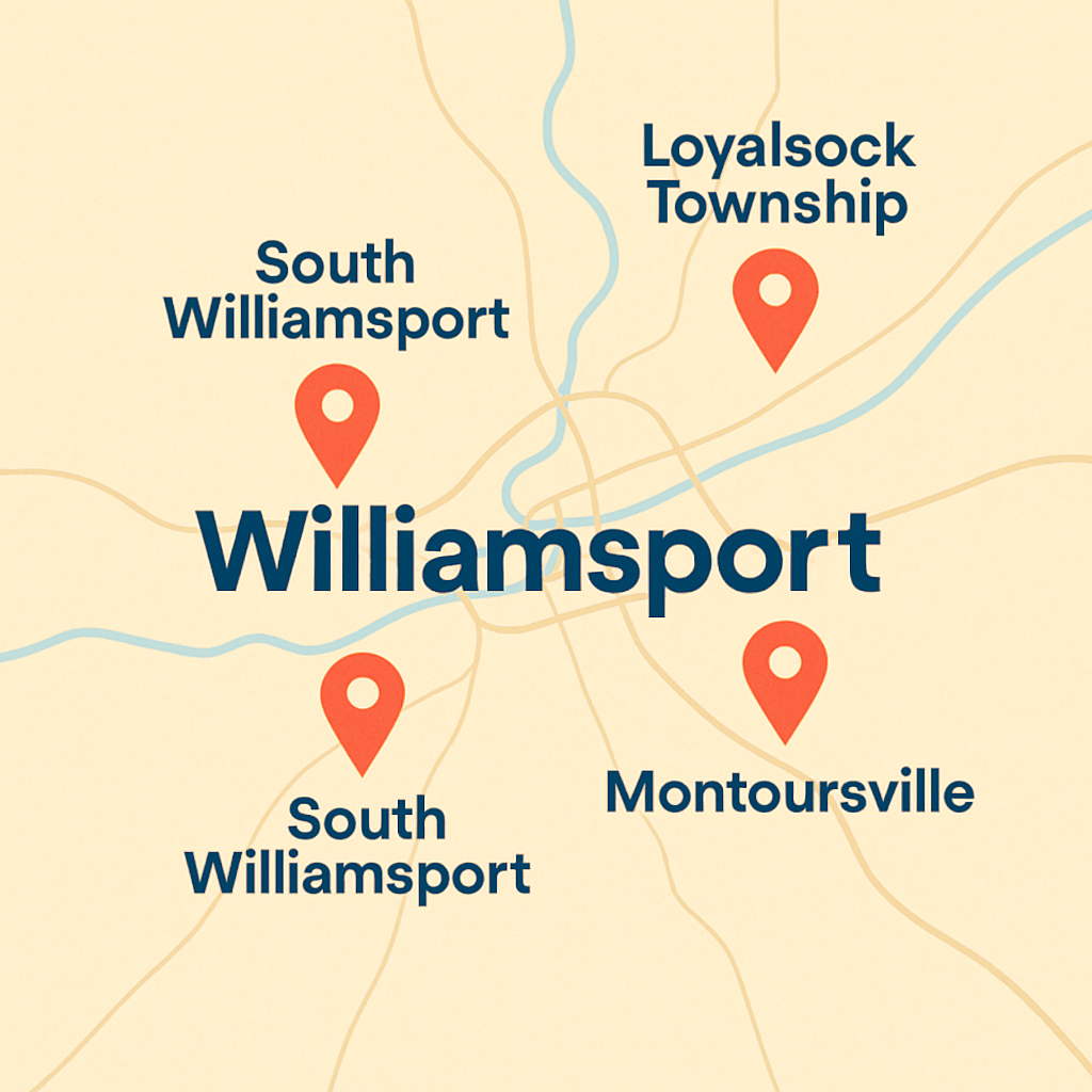 Williamsport, Pennsylvania service area map highlighting South Williamsport, Loyalsock Township, Montoursville, and nearby towns.