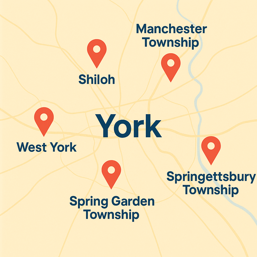 York, Pennsylvania service map with markers for West York, East York, Springettsbury, and Shiloh.